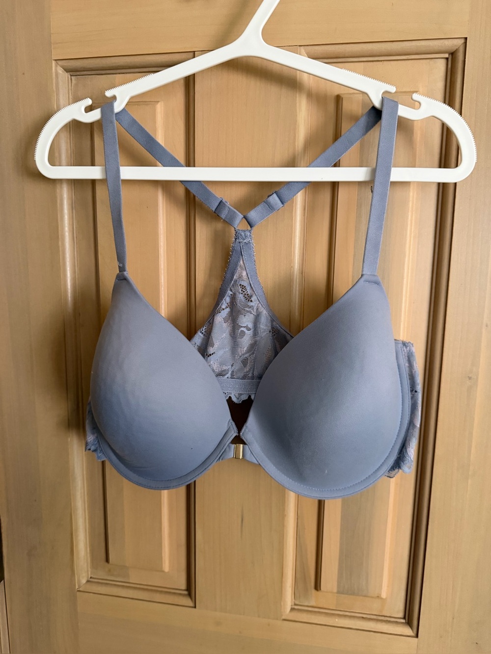 Women’s plus Sz 40D Racerback Gilligan O’Malley light gray purple bra lace
